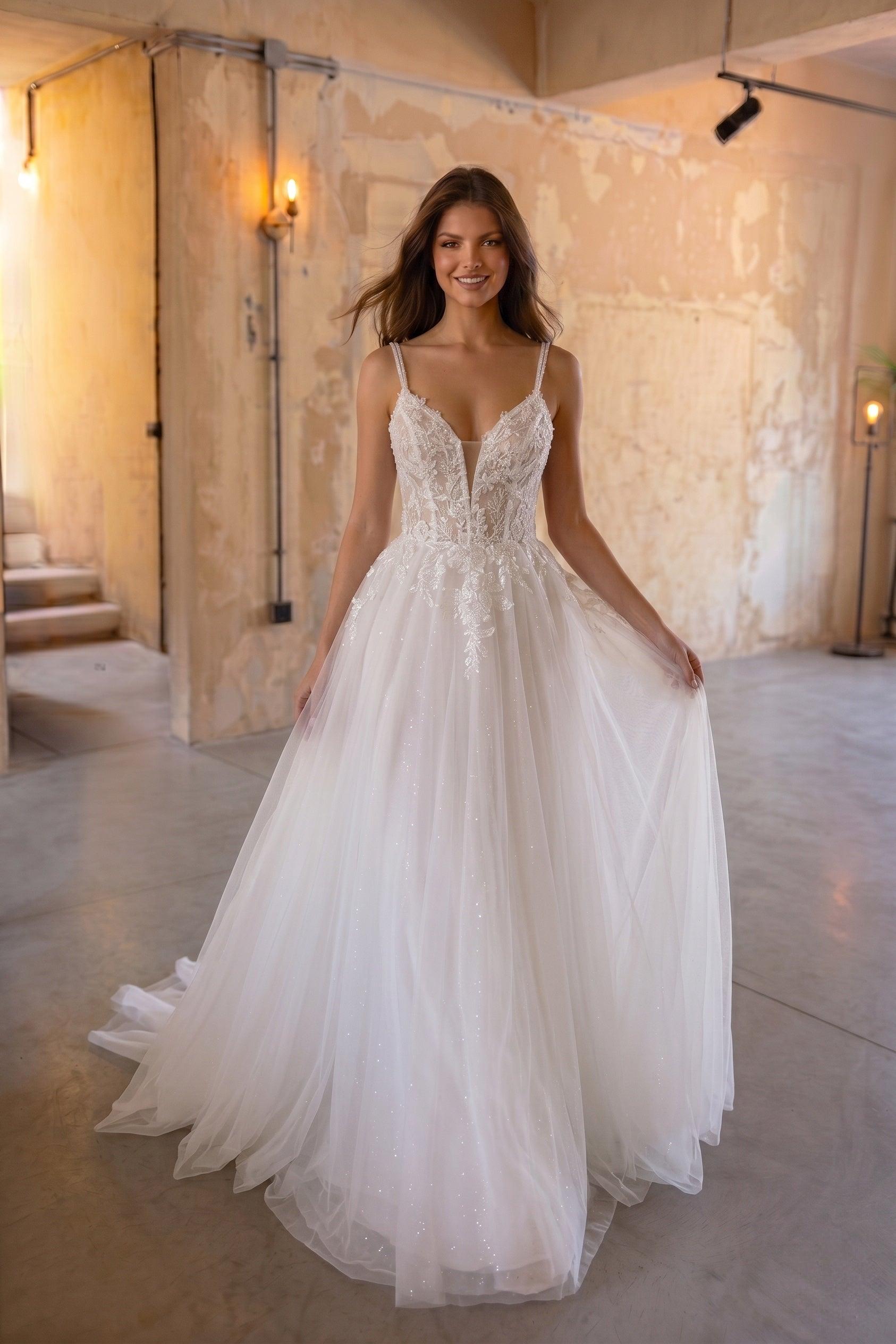 A-Line Court Train Lace Tulle Wedding Dress CW3271 - 35 Days / As Picture:Ivory/Sand / US0-UK2-EUR30 - COCOMELODY